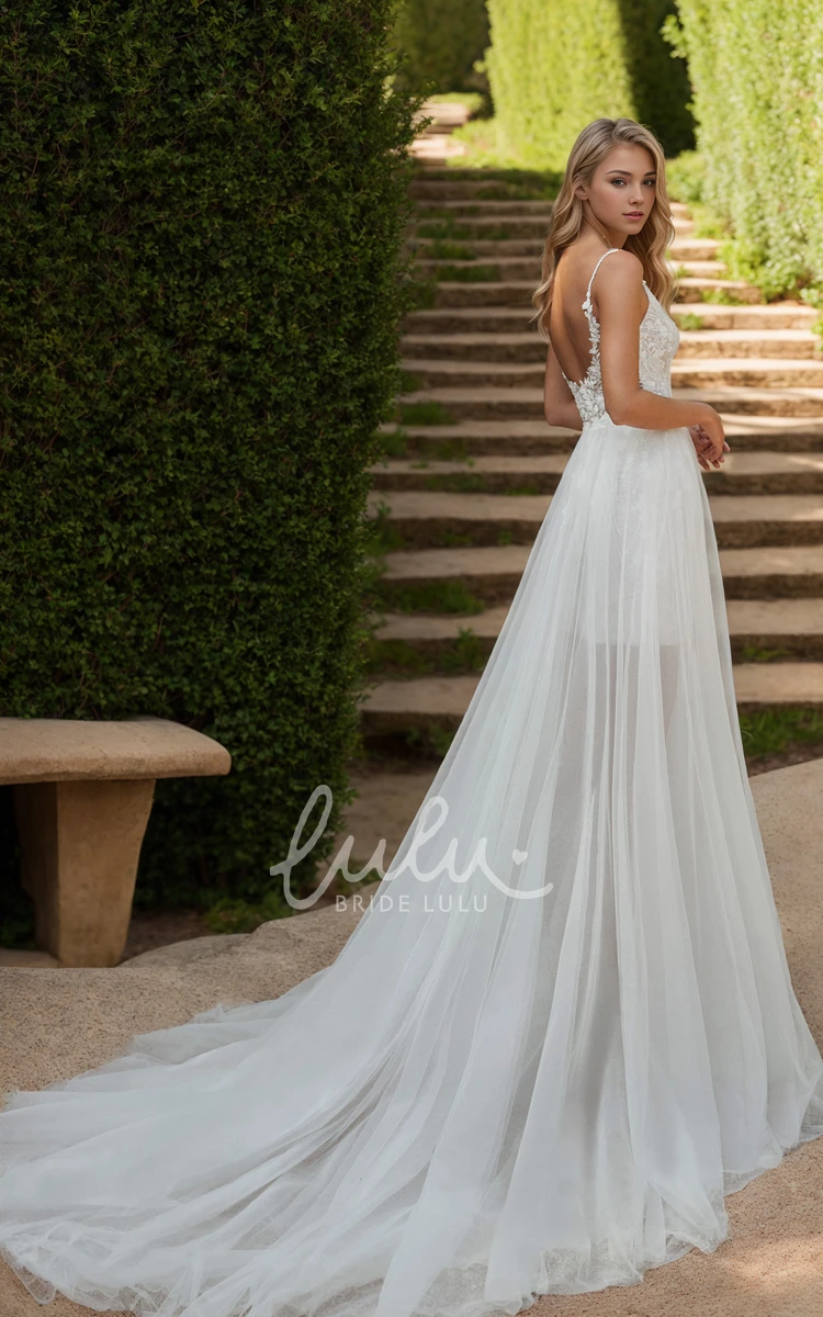 Elegant Sexy Two Piece A-Line Floor-length Tulle Flower Lace Spaghetti Wedding Dress Ethereal Adorable Plunging Neckline Mini Bodycon Sleeveless Appliques Bridal Gown with Button Deep-V Back