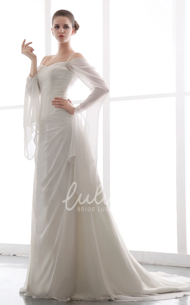 Long Sleeve Chiffon Wedding Dress with Ruching Spaghetti Exquisite