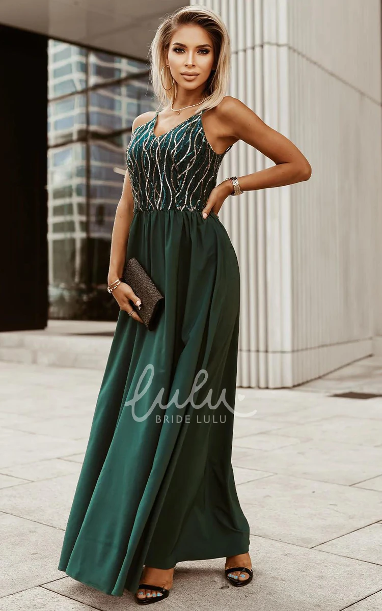 V-Neck Sequin Formal Dress with Zipper Back Romantic Prom Dress