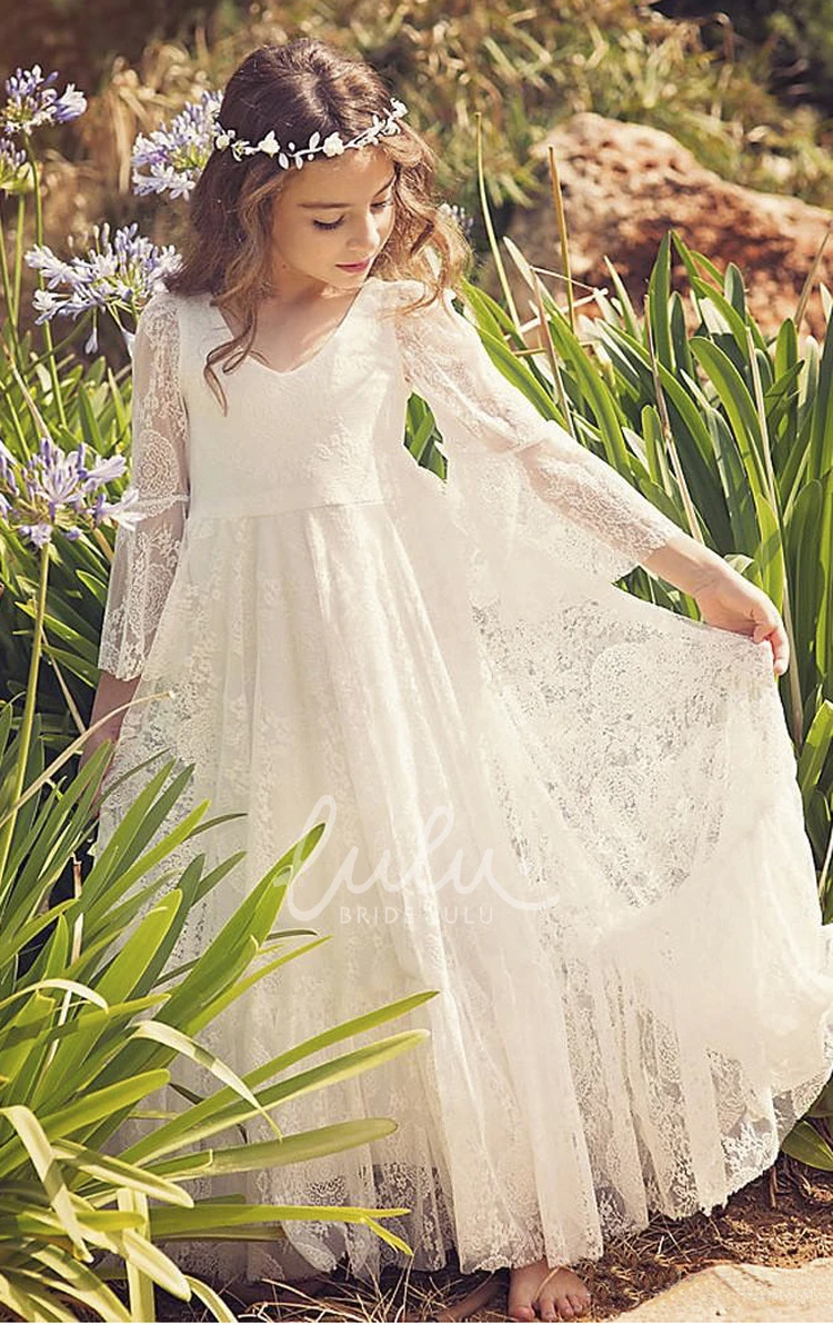 Boho Lace Flower Girl Dress with Bell Sleeves and Simple Design