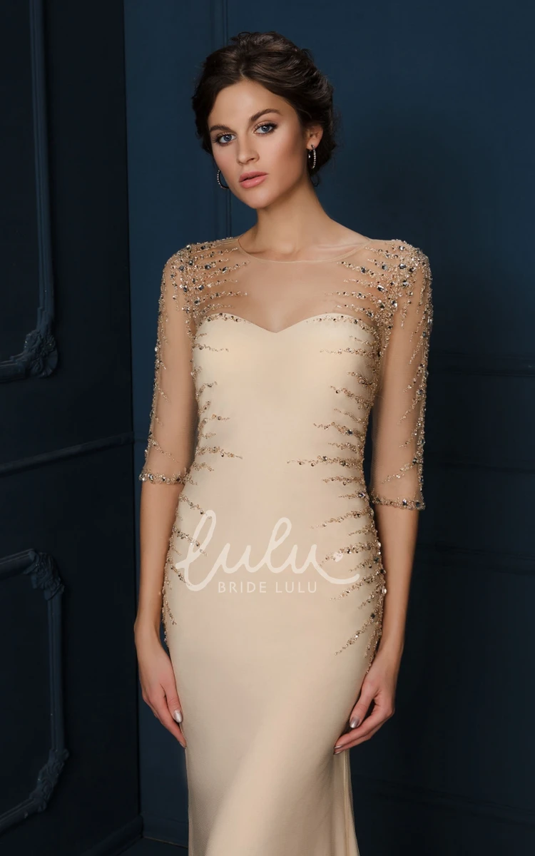 Long-Sleeve Beaded Tulle&Jersey Formal Dress with Scoop-Neck