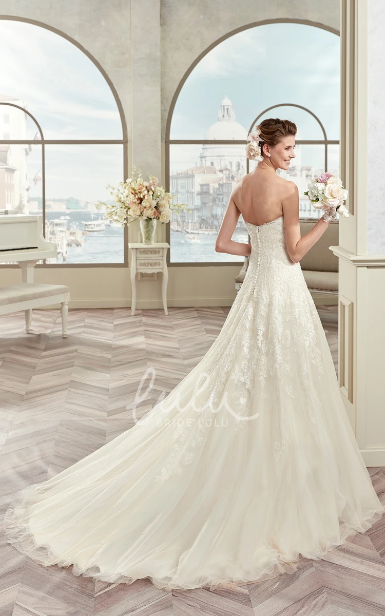 Classic Lace Long Wedding Dress with Brush Train Strapless Appliques Unique