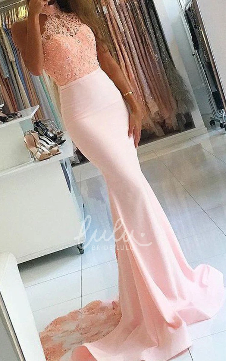 Satin Lace Mermaid Formal Dress with High Neck and Brush Train