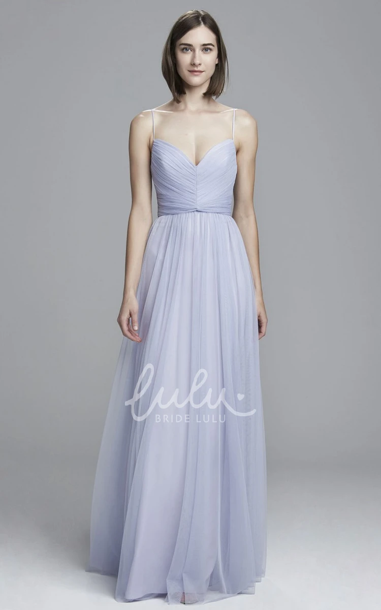 Spaghetti Tulle Bridesmaid Dress with V-Back Pleats and Floor-Length Design