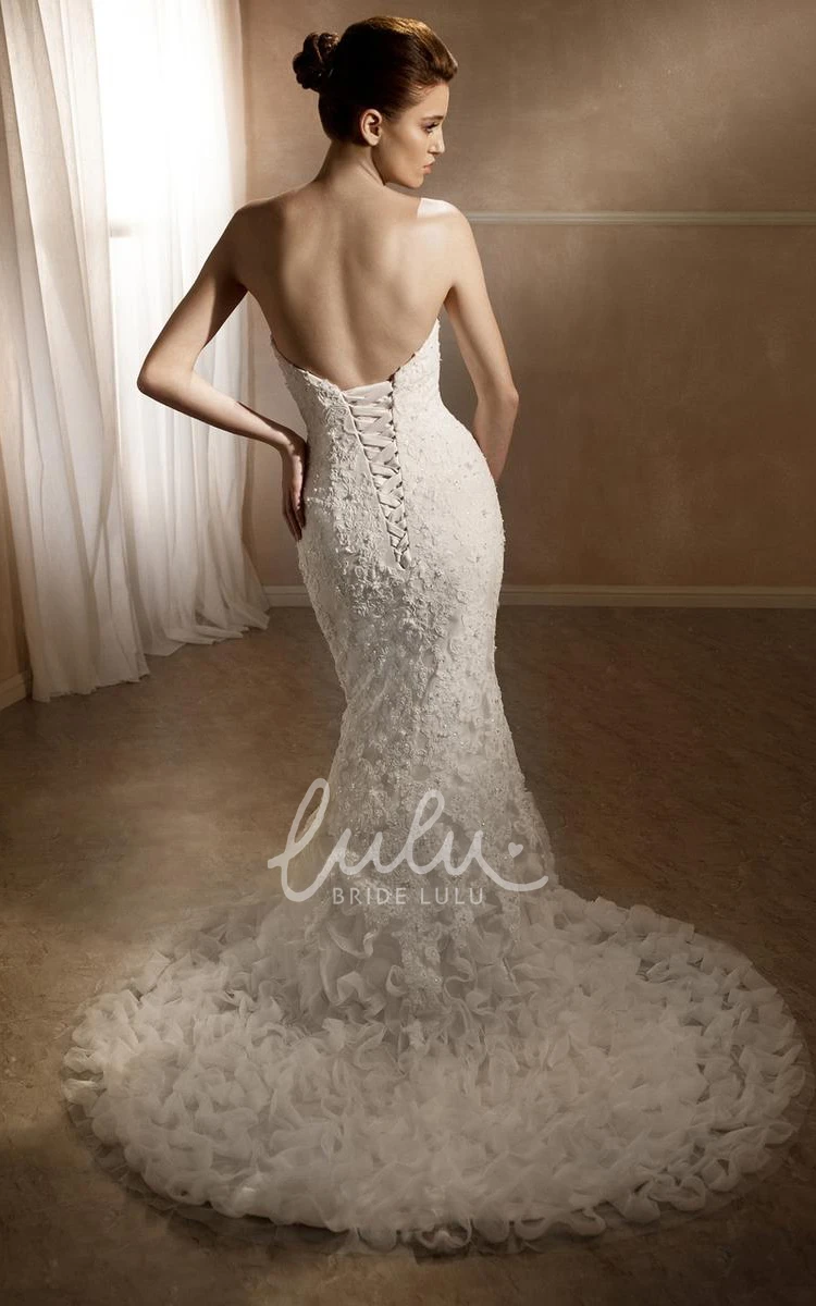 Beaded Lace Strapless Mermaid Wedding Dress with Ruffles and Lace-Up