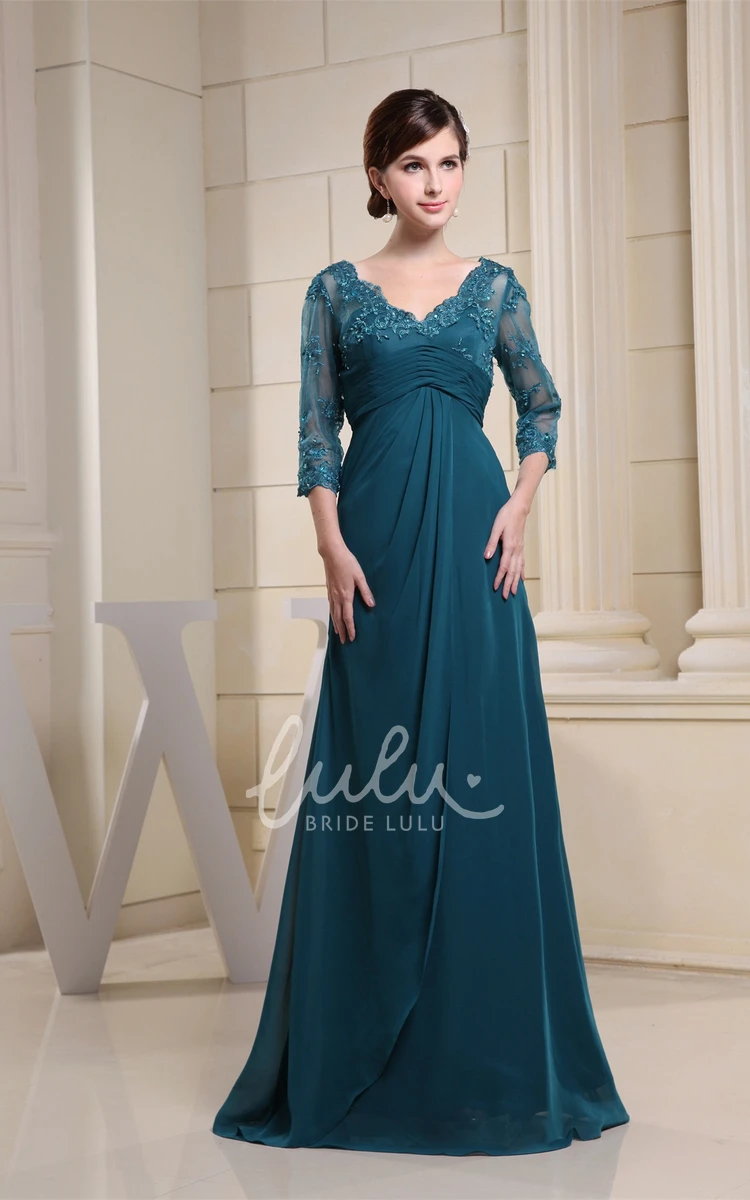 Empire Floor-Length Formal Dress with V-Neck Appliques and Illusion Sleeves