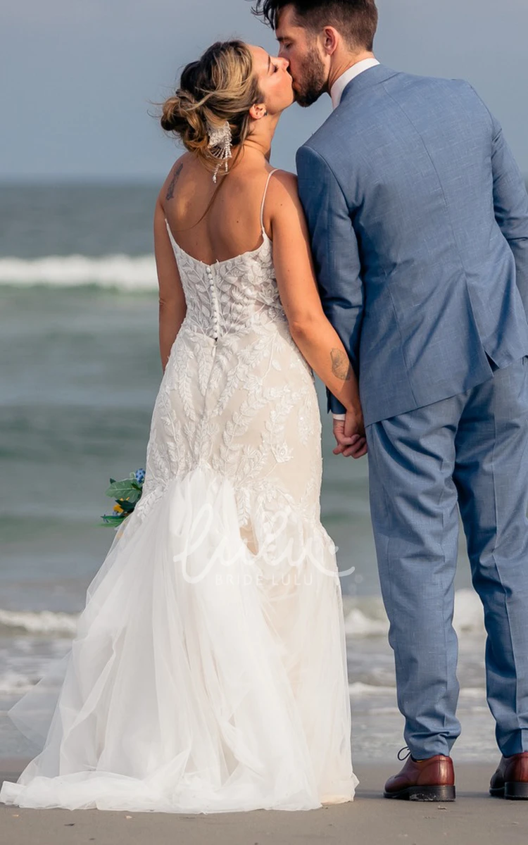 Mermaid Sexy Spaghetti V-neck Wedding Dress Lace Appliques Sweep Train Beach Bridal Gown