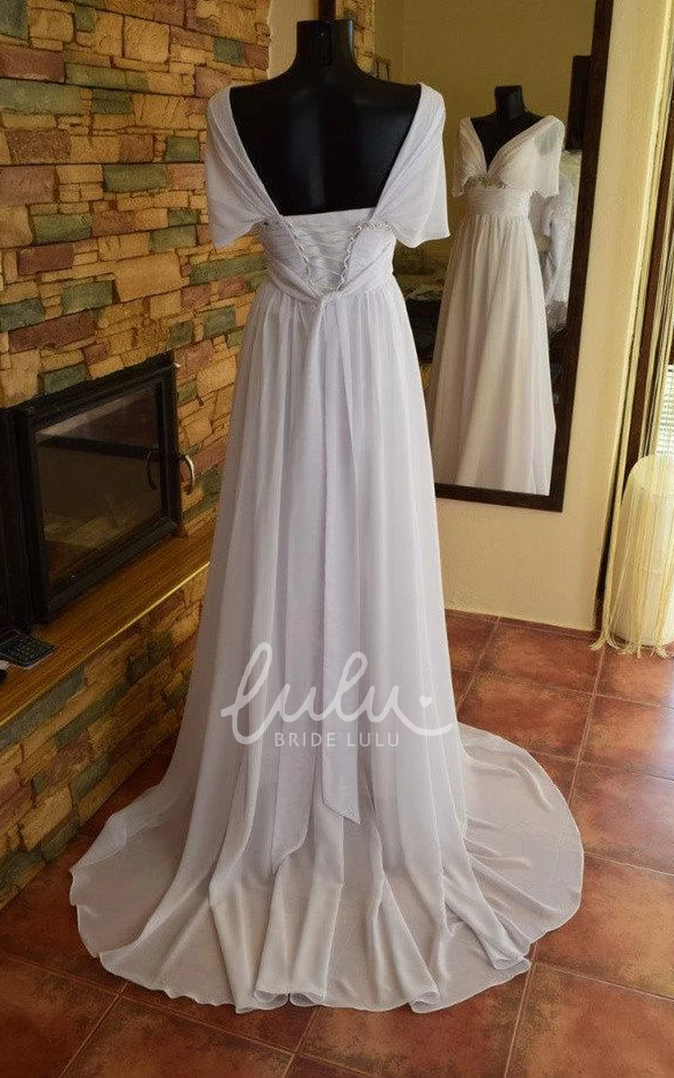 Chiffon A-Line Wedding Dress with V-Neckline Ruching and Beading