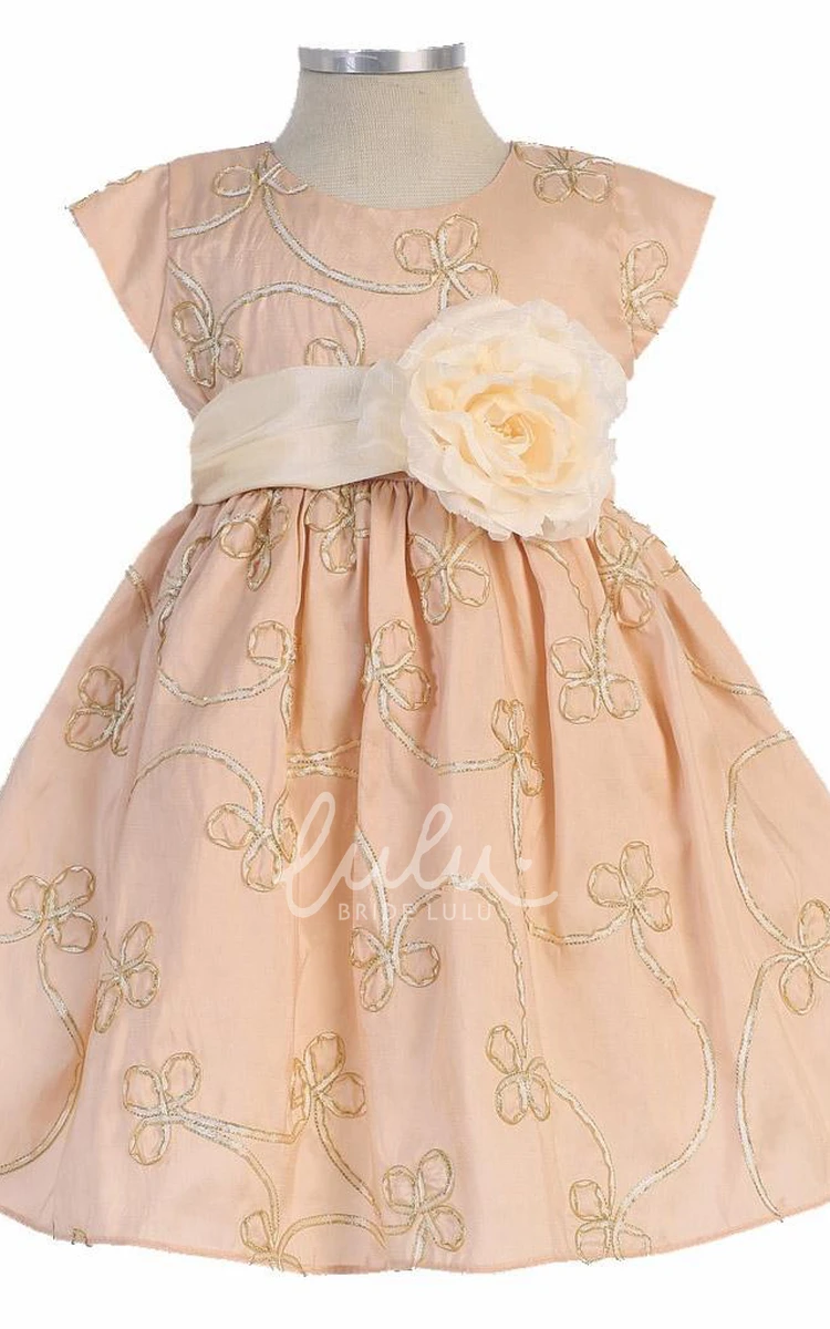 Cap-Sleeve Floral Taffeta Flower Girl Dress with Embroidery Tea-Length