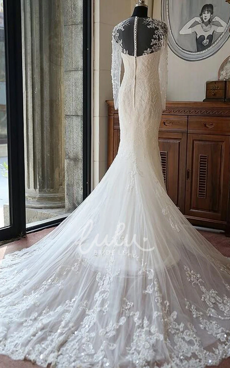 Beaded Long Sleeve Mermaid Wedding Dress with Illusion Scoop Neckline