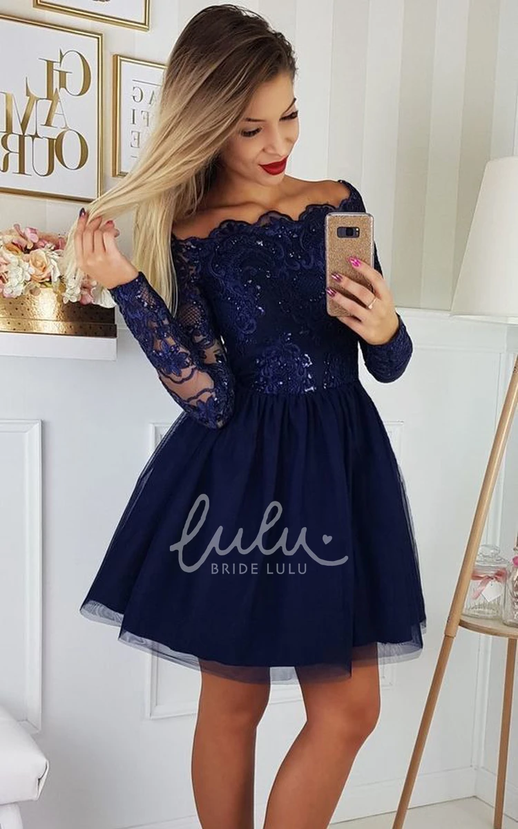 A Line Lace Tulle Long Sleeve Sequined Homecoming Dress Modern Scalloped