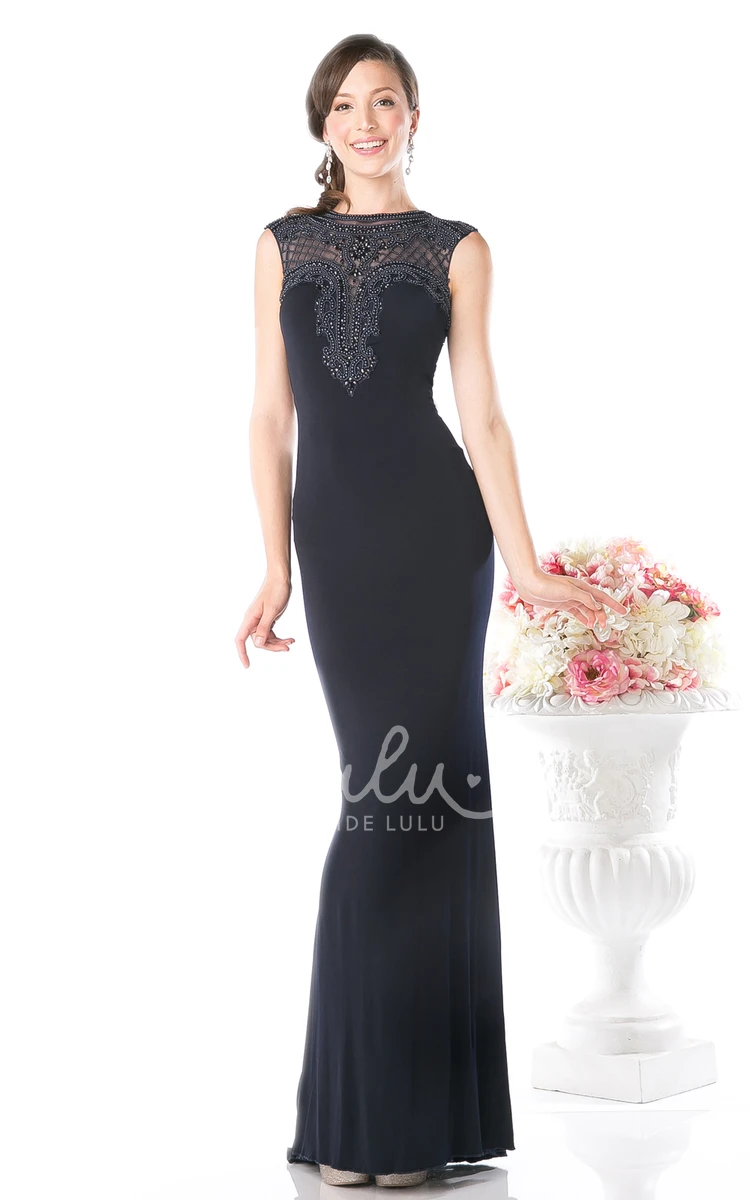 Jewel-Neck Cap-Sleeve Beaded Sheath Prom Dress