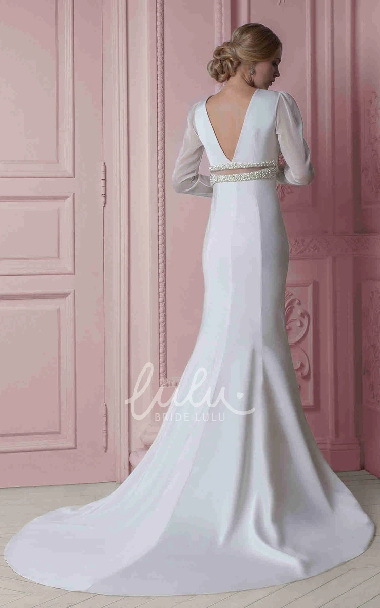 Long-Sleeve Sheath Chiffon Wedding Dress with Beading Classy Bridal Gown