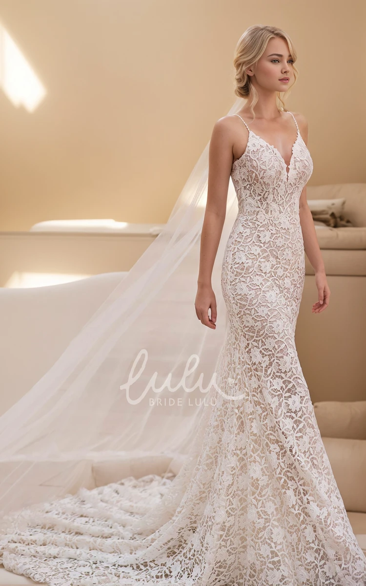 Sexy Romantic Mermaid Spaghetti V-neck Lace Wedding Dress Vintage Elegant Garden Sleeveless Floor-length Button Deep-V Back Bridal Gown with Train