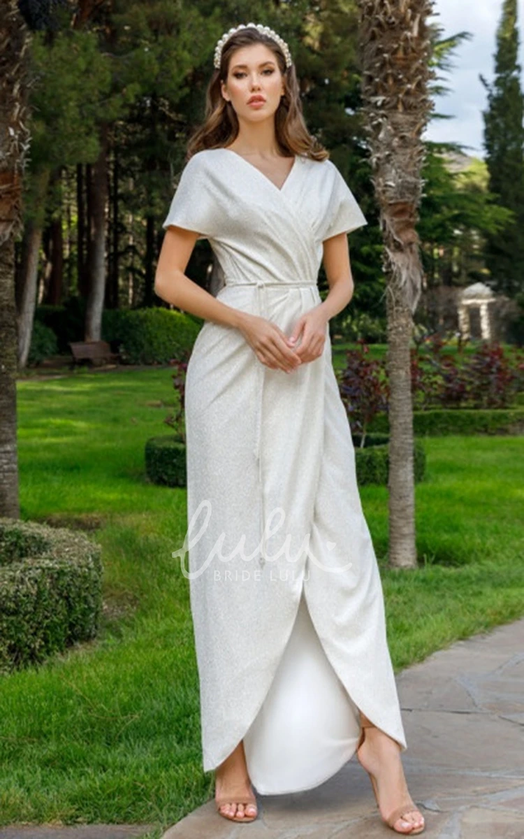 Sheath Satin V-neck Wedding Dress with Sash and Split Front Elegant Satin V-neck Wedding Dress with Split Front