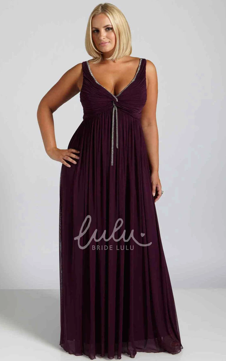 Plus Size Prom Dress V-Neck Ruched Sleeveless Floor-Length Empire Chiffon with Pleats and Beading