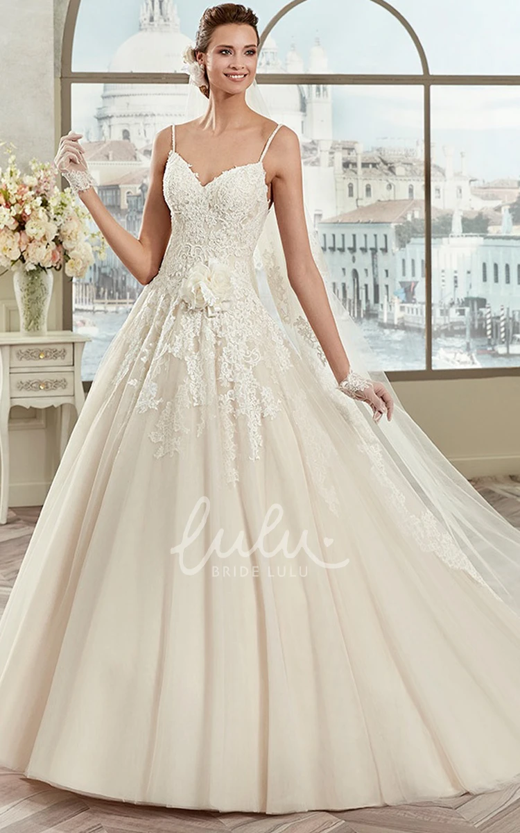 A-line Spaghetti Strap Wedding Dress with Floral Embellishments