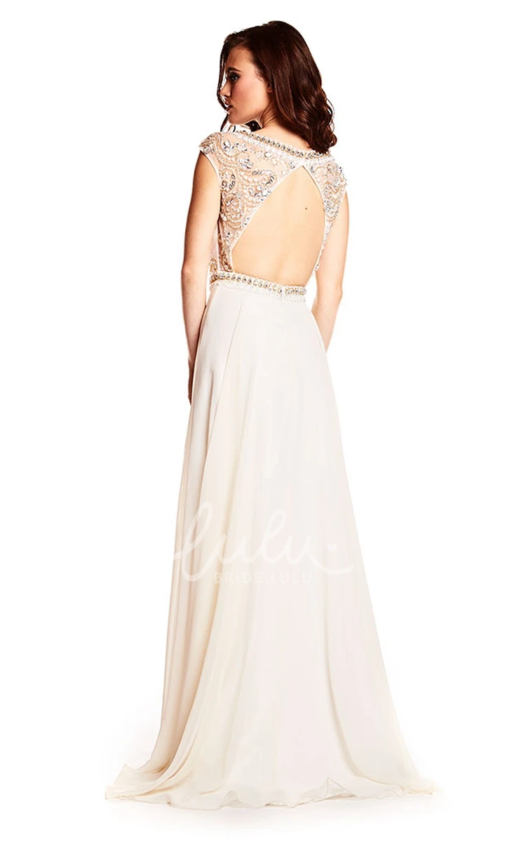 Chiffon Cap Sleeve Prom Dress with Beaded Bateau Neckline and Keyhole