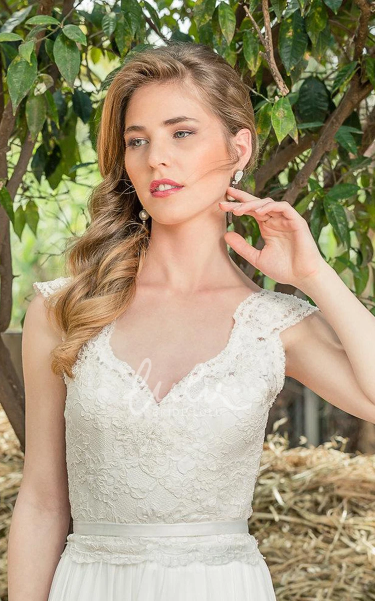 Lace Chiffon Wedding Dress with Low-V Back Plunged Cap-Sleeve Pleated Unique