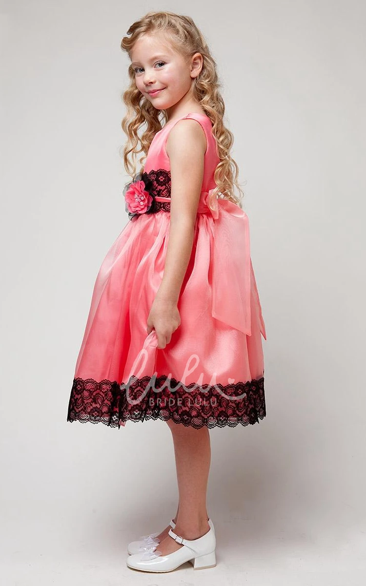Floral Lace Tea-Length Flower Girl Dress with Sash Appliqued Satin