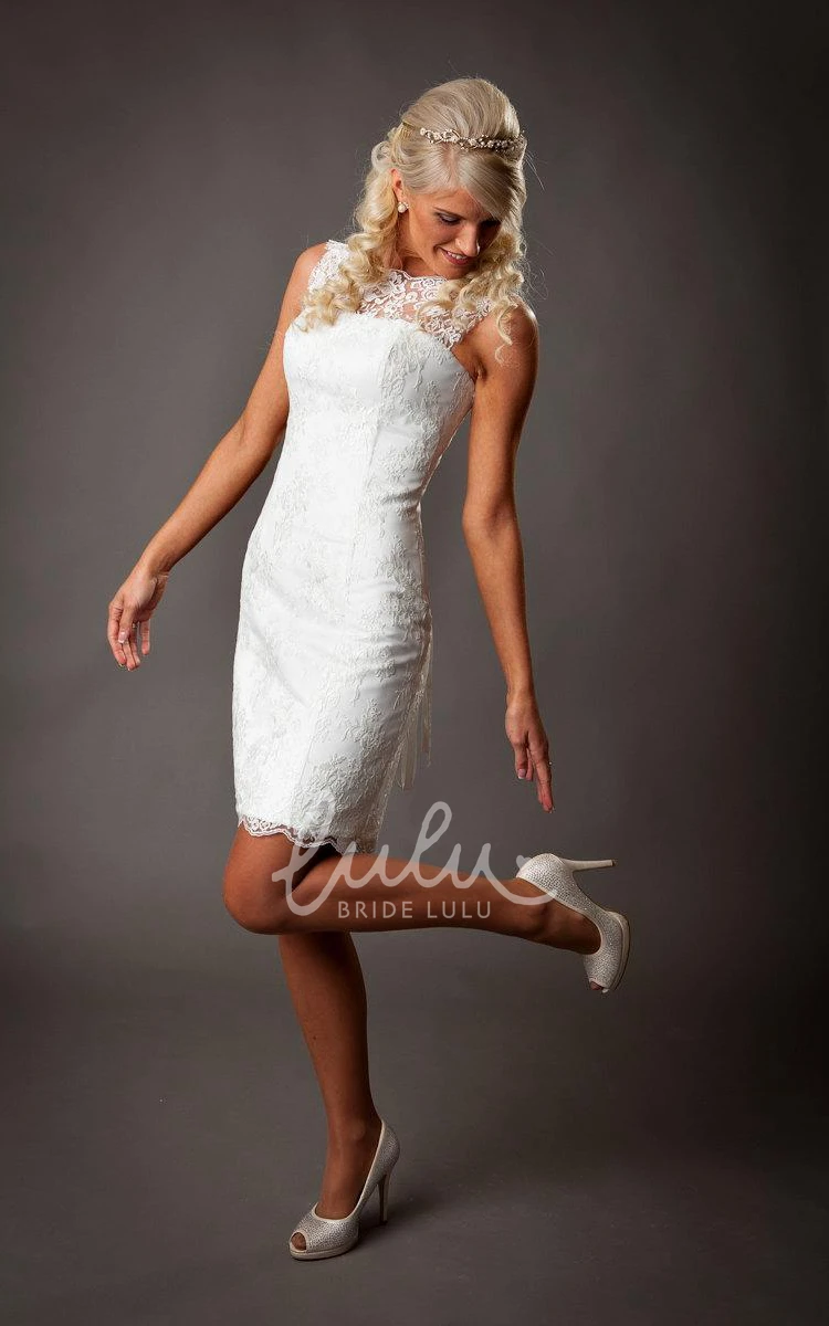 Short Sleeveless Lace Sheath Wedding Dress with Lace-Up Back