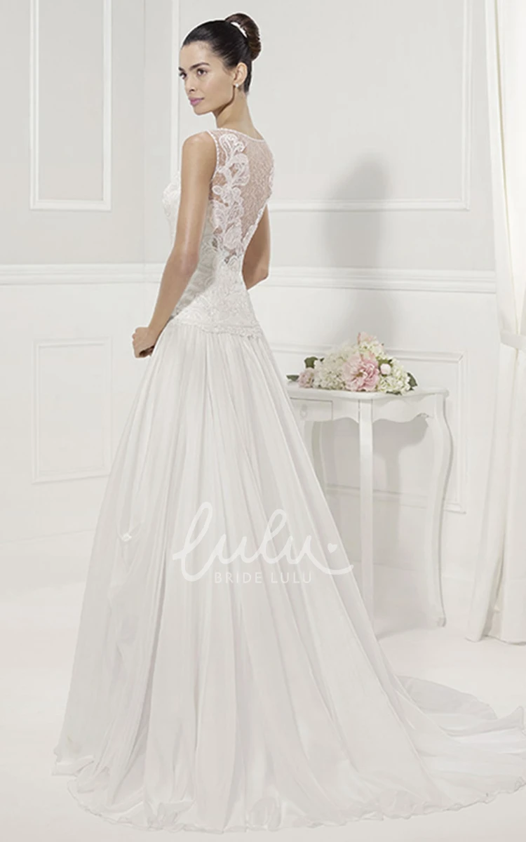 A-Line Drop Waist Wedding Dress with V-Neck Applique Bodice