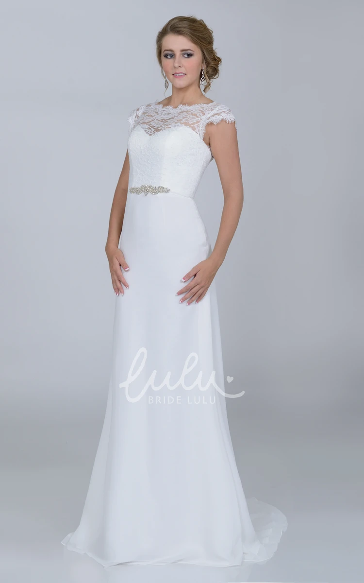 Lace Bodice Chiffon Wedding Dress with Beaded Waist Low-V Back Cap Sleeve
