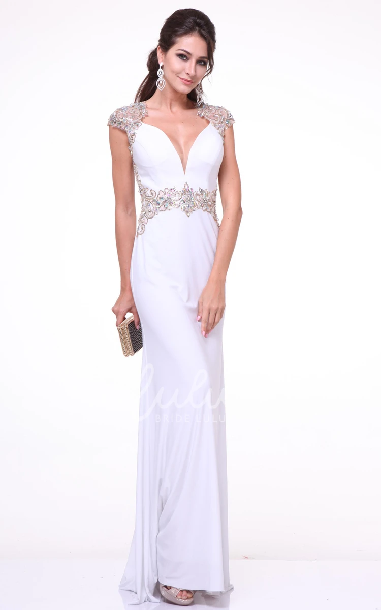 V-Neck Cap-Sleeve Beaded Sheath Bridesmaid Dress with Waist Jewelry