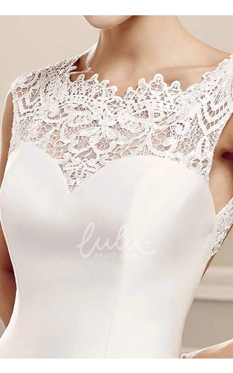 Cap-Sleeve Lace Satin Wedding Dress with Keyhole and Court Train Scoop Neck