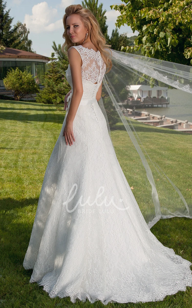 Sleeveless Lace A-Line Wedding Dress with Illusion Back and Court Train Classic Bridal Gown