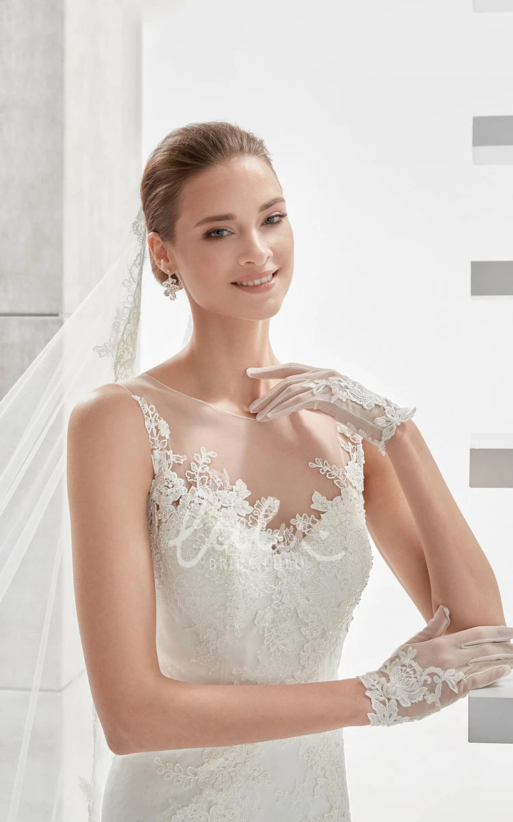 Cap-Sleeve Jewel-Neck Wedding Dress with Illusive Design and Appliques