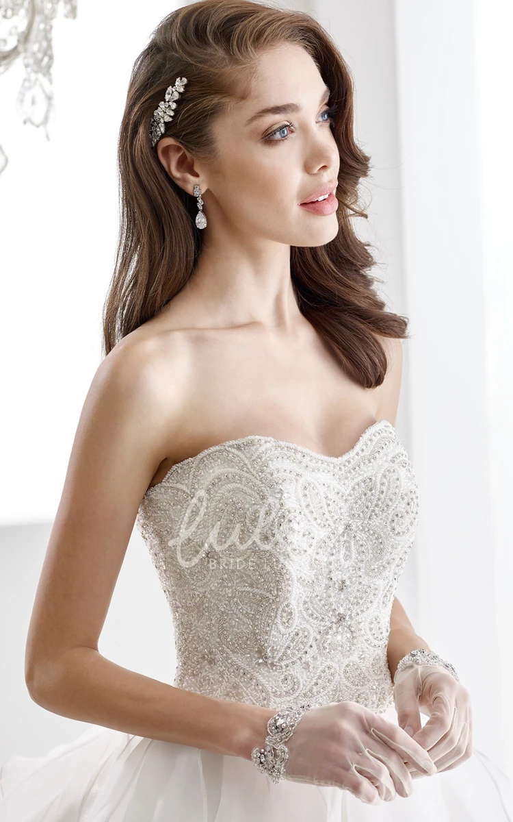 A-line Wedding Dress with Ruching Beaded Bodice and Cascading Ruffles Strapless