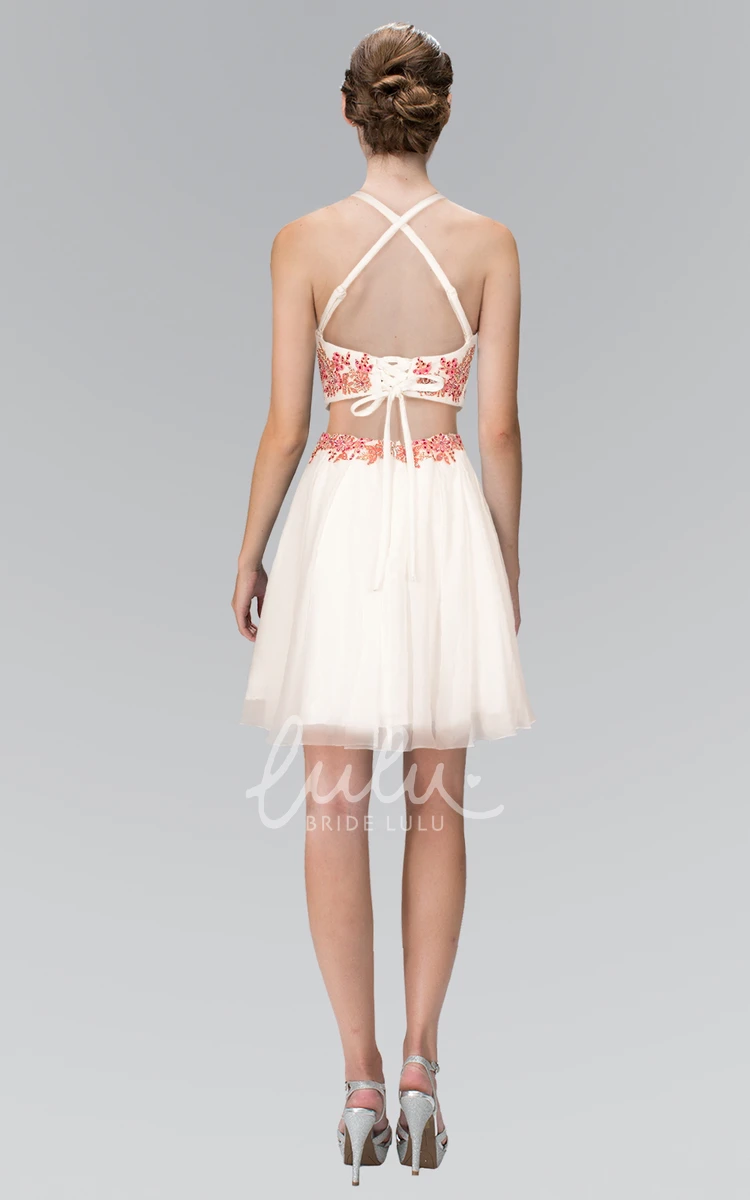 Illusion A-Line Lace-Up Formal Dress With Appliques and Jewel-Neck