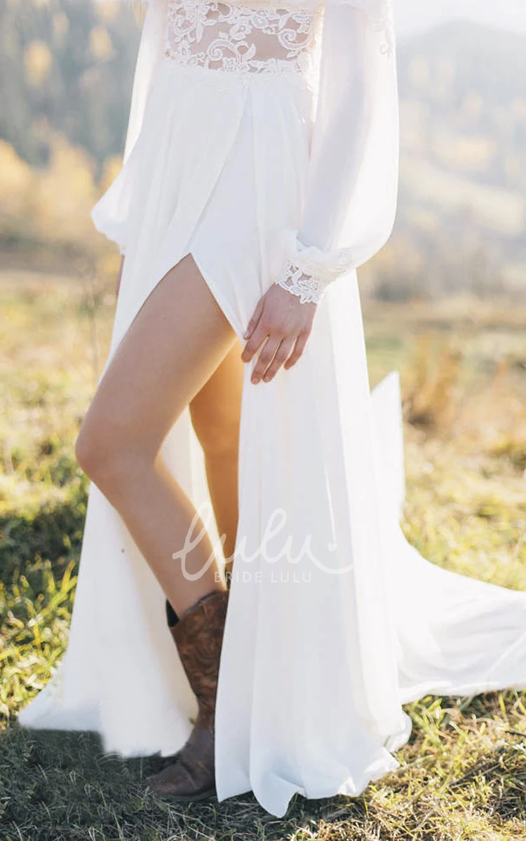 Bohemian Plunging Chiffon Wedding Dress with Lace Details Long Sleeve Bridal Gown