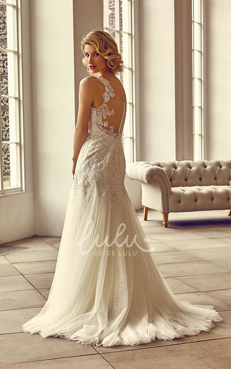 Tulle&Lace Appliqued Straps Wedding Dress with Illusion Floor-Length