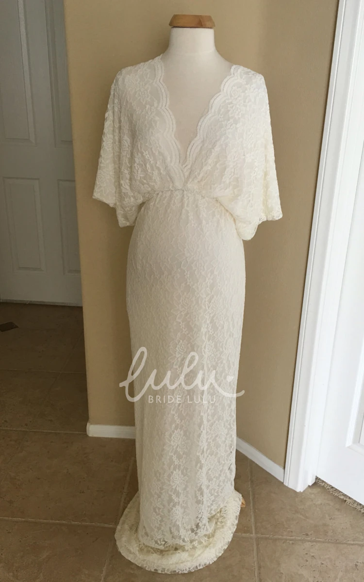 Lace Scalloped V-neck Short Sleeve Maternity Wedding Dress Empire Ruched