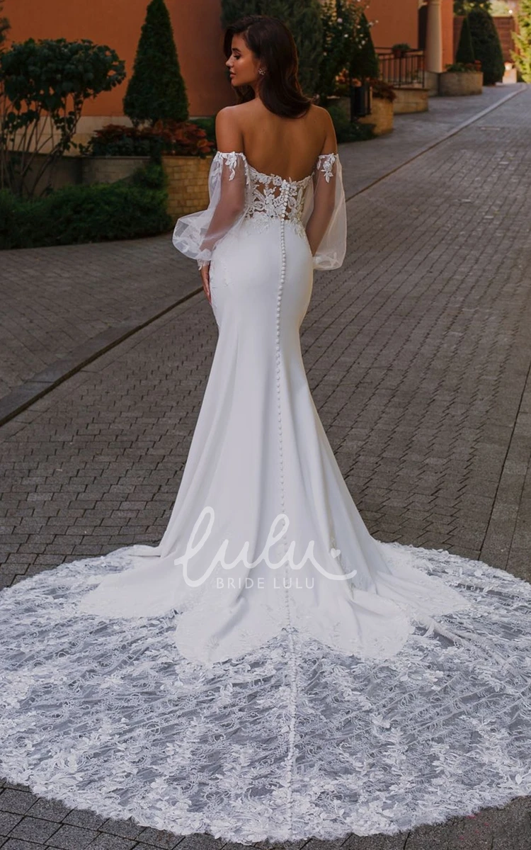 Mermaid Chiffon Tulle Wedding Dress with Appliques Sexy Plunging Neck