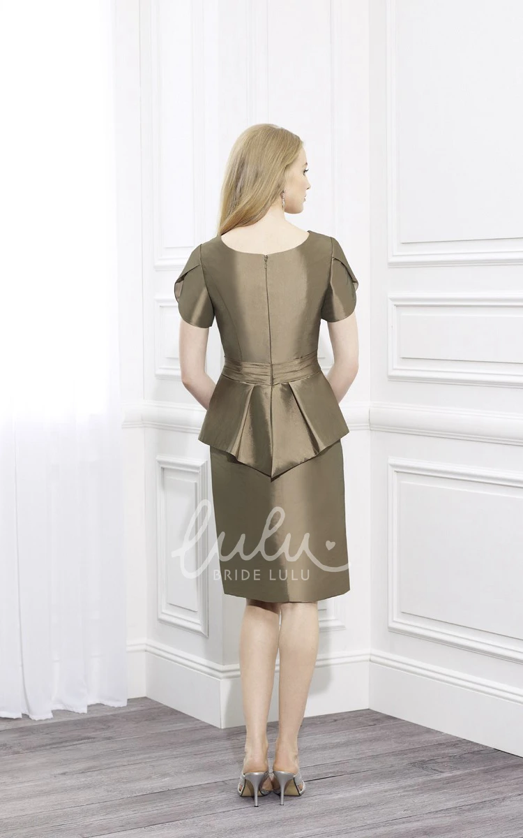 Satin V-Neck Pencil Mother Of The Bride Dress with Short Sleeves and Broach
