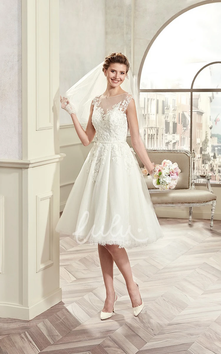 Knee-length Wedding Dress with Illusive Design and Lace Bodice Cap-sleeve Bridal Gown