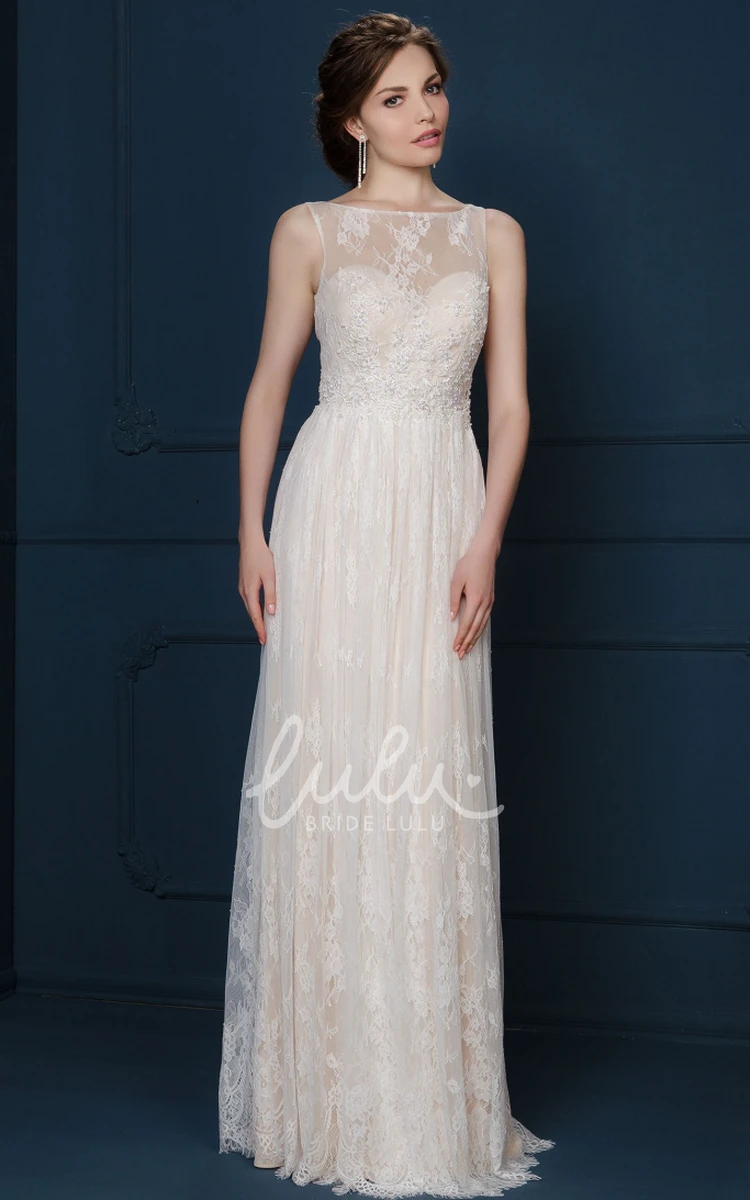 Appliqued Sleeveless A-Line Bridesmaid Dress with Bateau-Neck and Pleats