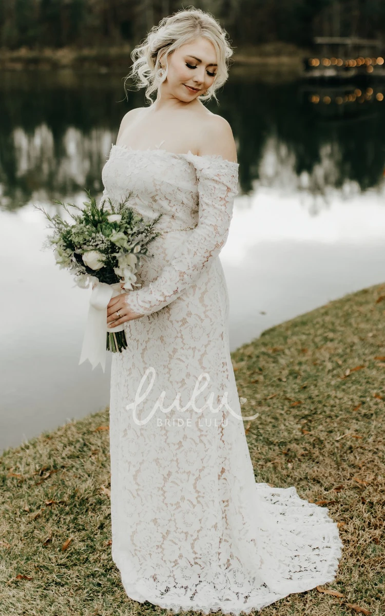 Off-the-shoulder Lace Wedding Dress with Long Sleeve and Open Back Elegant Sheath