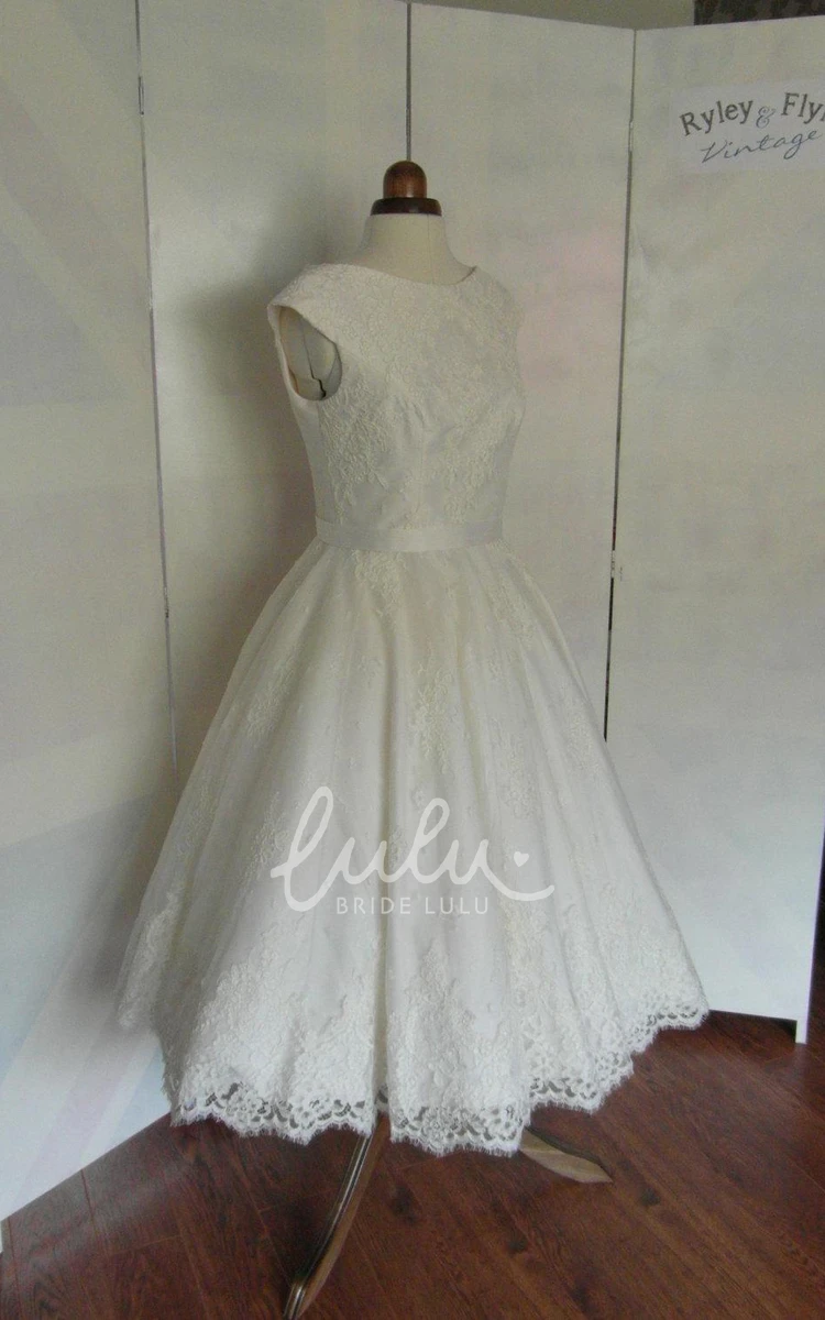 Rose Lace A-Line Tea-Length Wedding Dress with Jewel Neck and Cap Sleeves