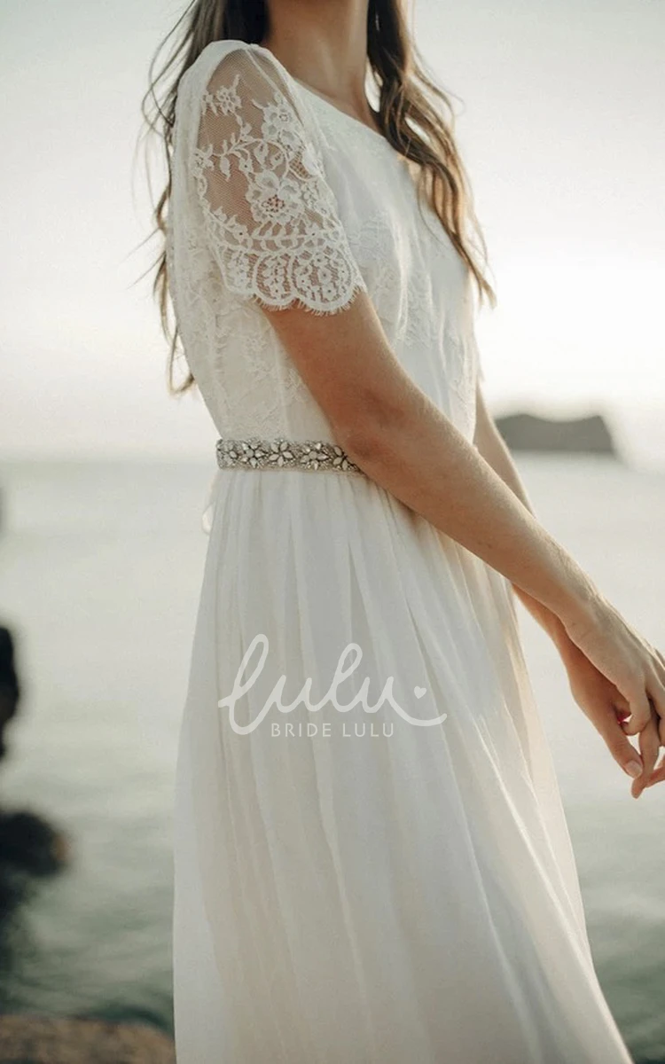 Bateau Sheath Bridal Gown with Short Sleeve and Lace Open Back Boho Wedding Dress