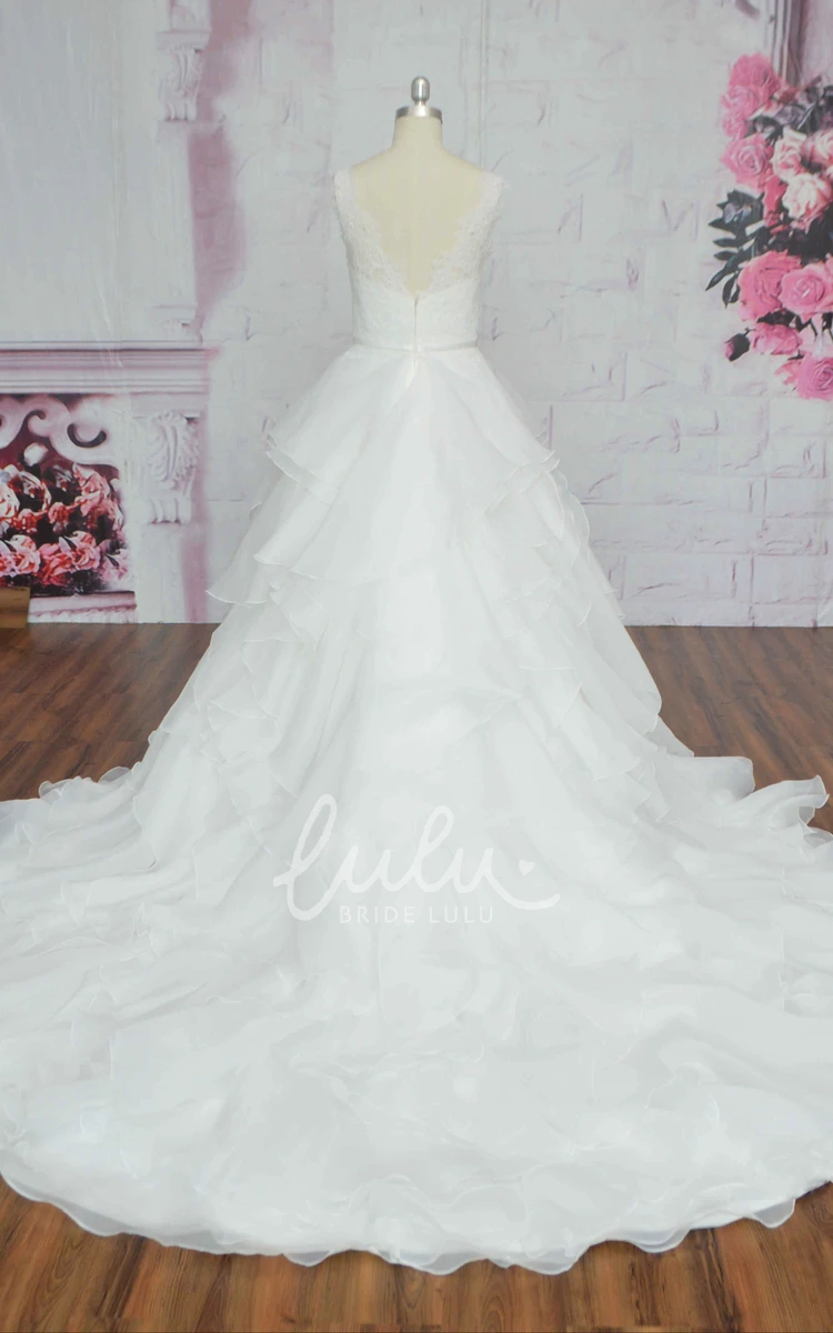 Lace Ruffle Organza Wedding Dress with V-Back and Bow Cute Ballgown