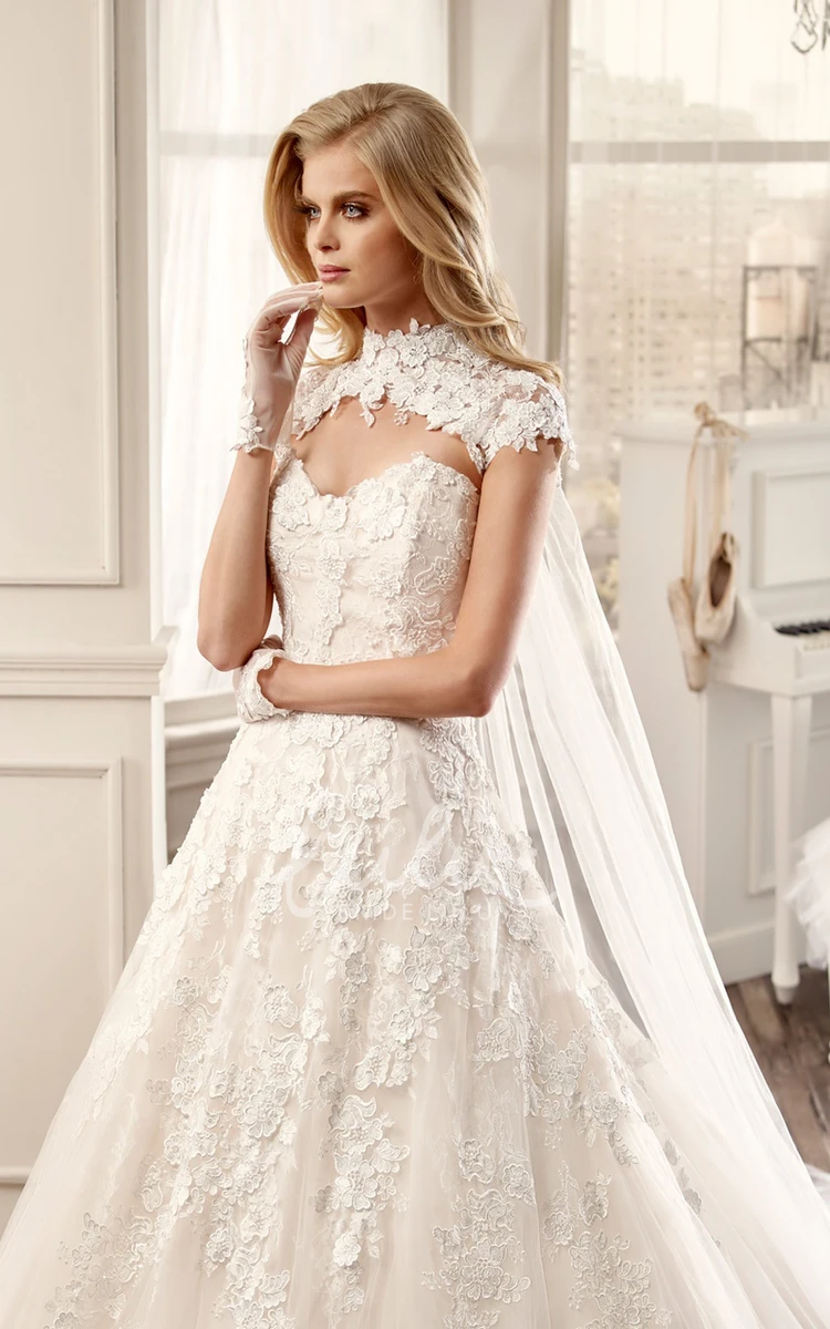 Applique A-Line Wedding Dress with Keyhole Back Elegant Bridal Gown