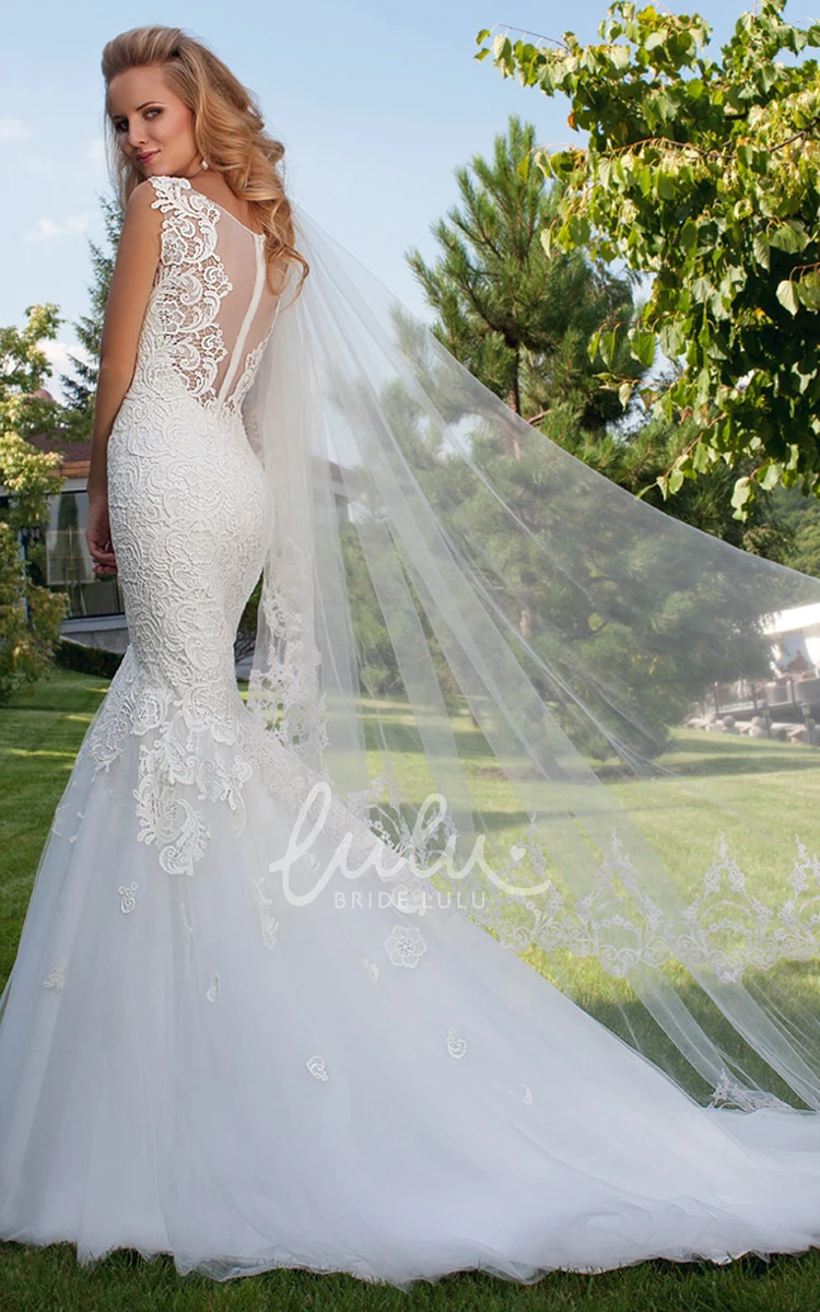 Square Appliqued Lace&Tulle Wedding Dress Mermaid Chapel Train