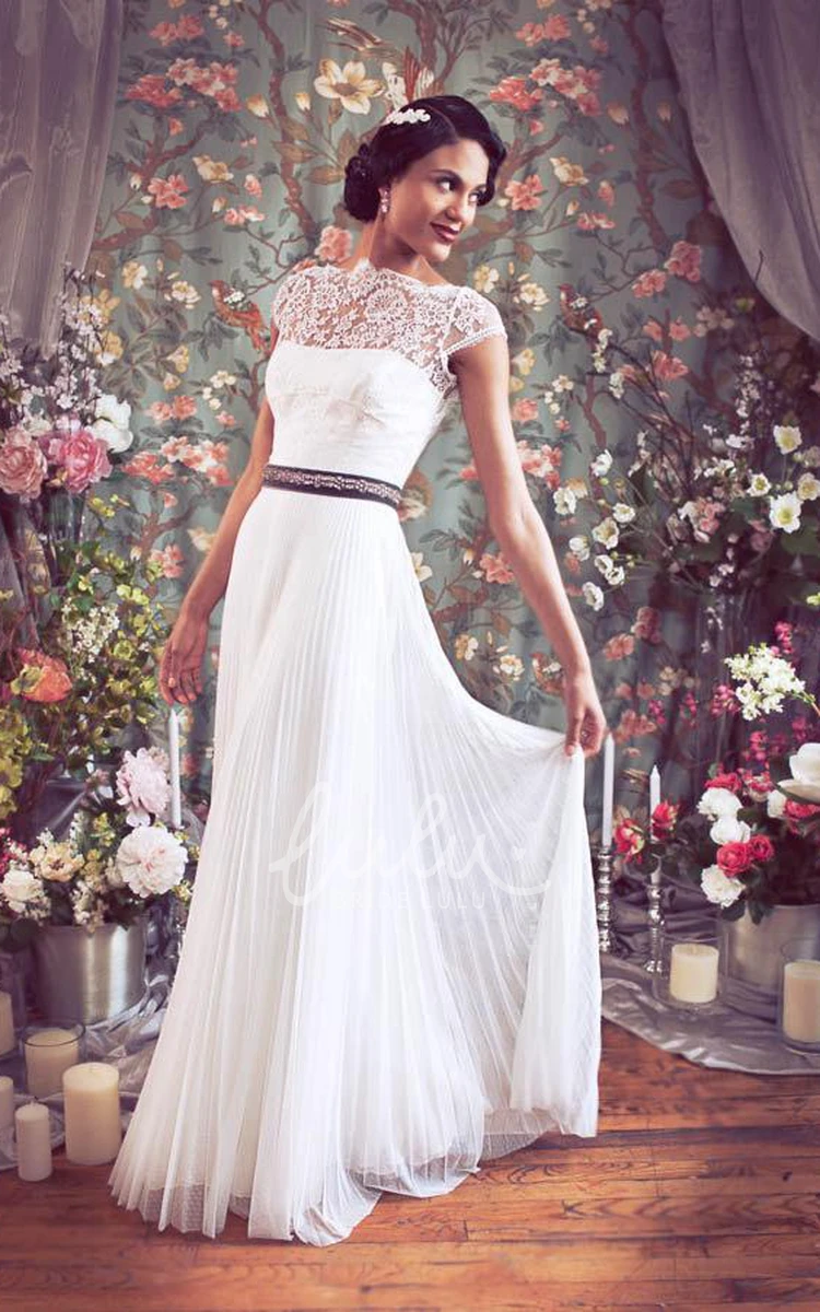 Chiffon Wedding Dress with Cap Sleeves and Button Back Bateau Neckline