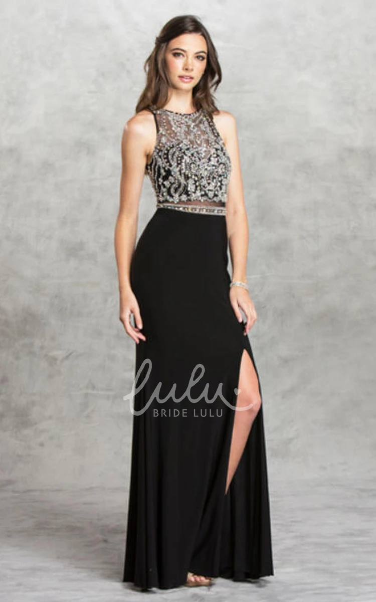 High Neck Sleeveless Jersey Formal Dress with Illusion and Beading