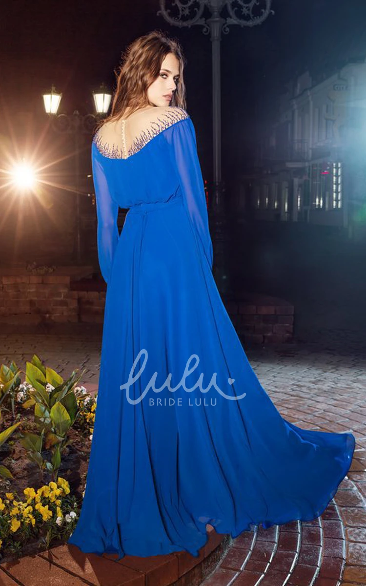 Off-The-Shoulder Balloon Sleeve Chiffon Formal Dress with Illusion Details