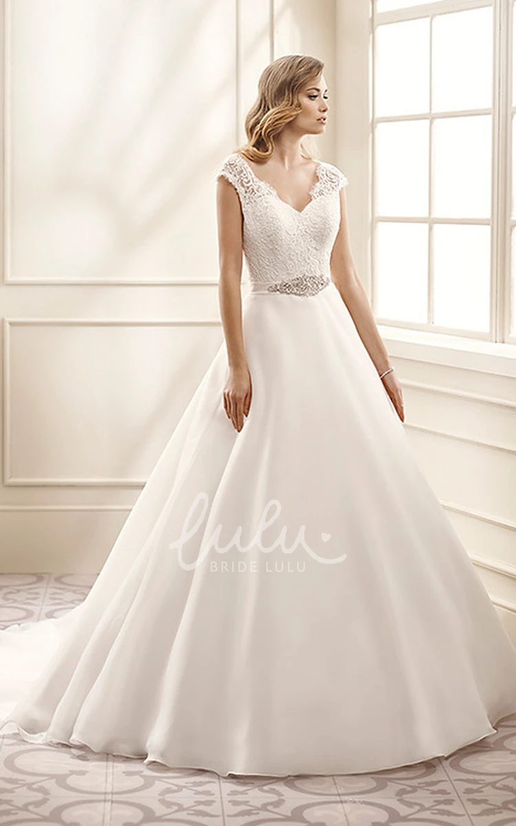 V-Neck Cap-Sleeve A-Line Chiffon&Lace Wedding Dress with Jeweled Appliques Modern Bridal Gown